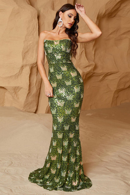 Green Sheath Sequined Fishtail Maxi Dress