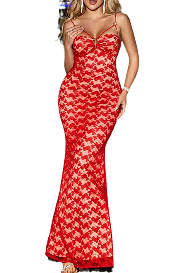 Red Slim Fishtail Halter Long Dress