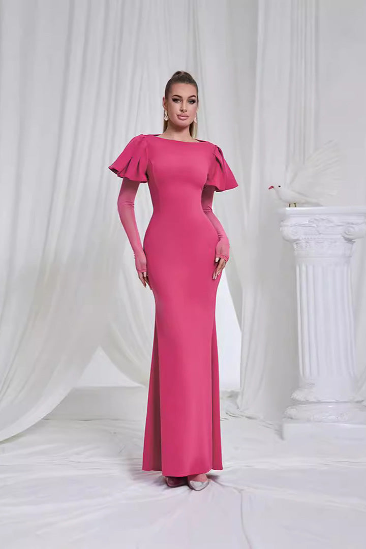 Rose Red Round Neck Ruffle Long Sleeve Maxi Dress