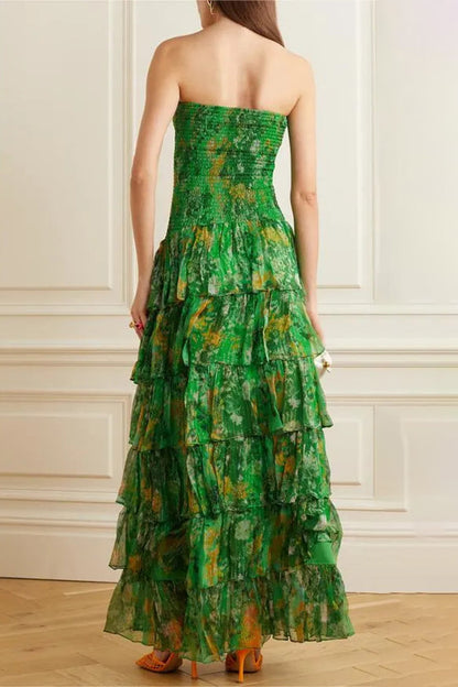 Green Smocking Strapless Tiered Maxi Dress