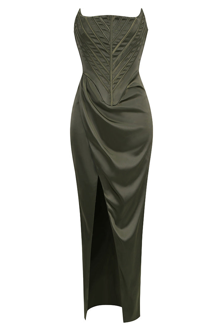 Dark Green Fishbone Waistband Split Long Dress