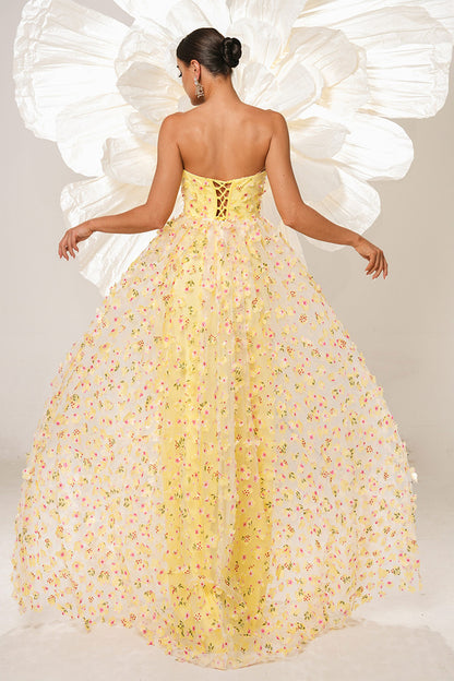 Yellow Strapless Floral Gown