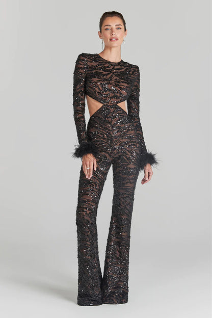 Black Backless Beaded Feather Jumpsuit