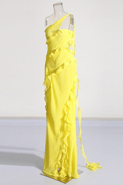 Yellow Slant Shoulder Wooden Earring Split Maxi Dress