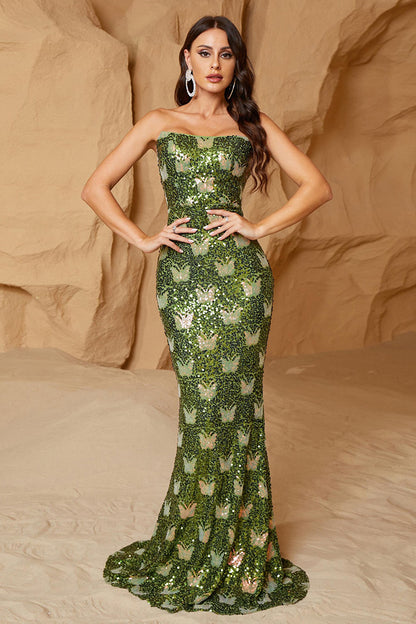 Green Sheath Sequined Fishtail Maxi Dress