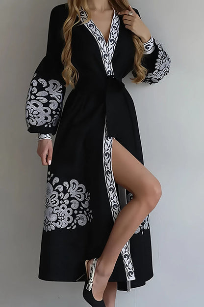 Retro Moire Embroidery Midi Dress