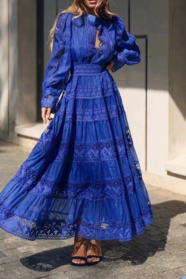 Dark Blue Lace Lace V-Neck Long Sleeve Maxi Dress