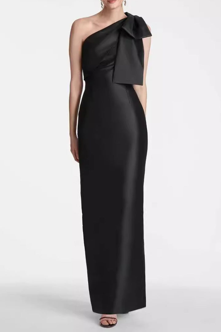 Black One Shoulder Bow Maxi Dress