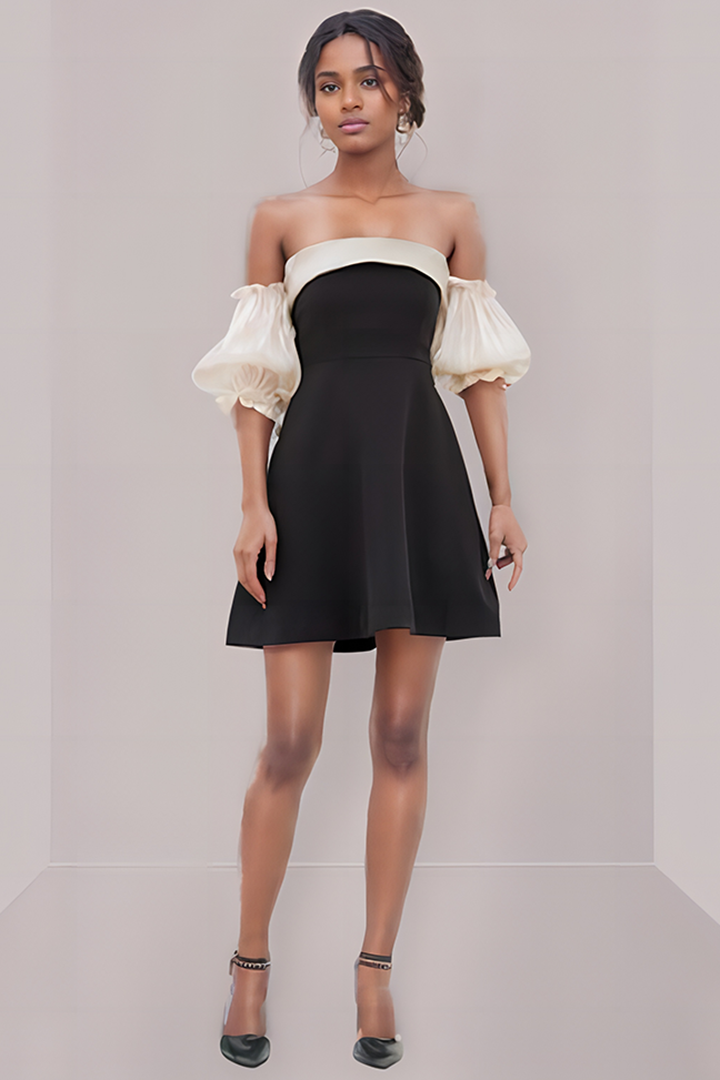 Black Strapless Bubble Sleeve Short Dress