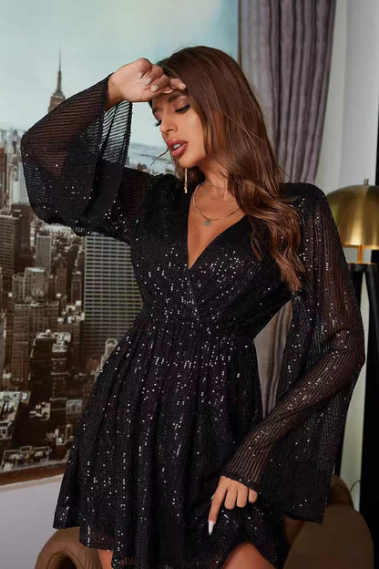 Sequined Bell Sleeve Mini Dress