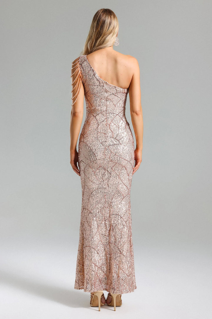 Light Brown Sequins One Shoulder Maxi Dress