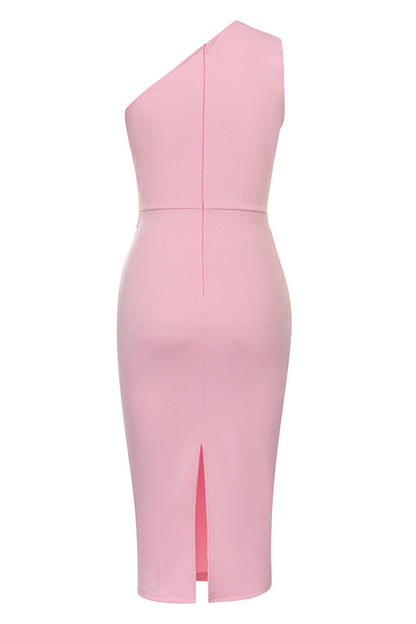 Pink One Shoulder Waisted Pleated Midi Dress