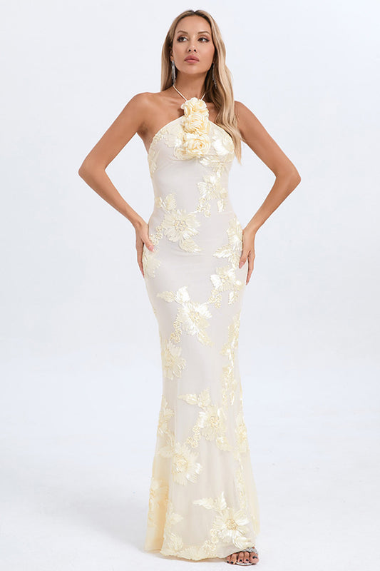 White Floral Embellished Gilded Maxi Dress