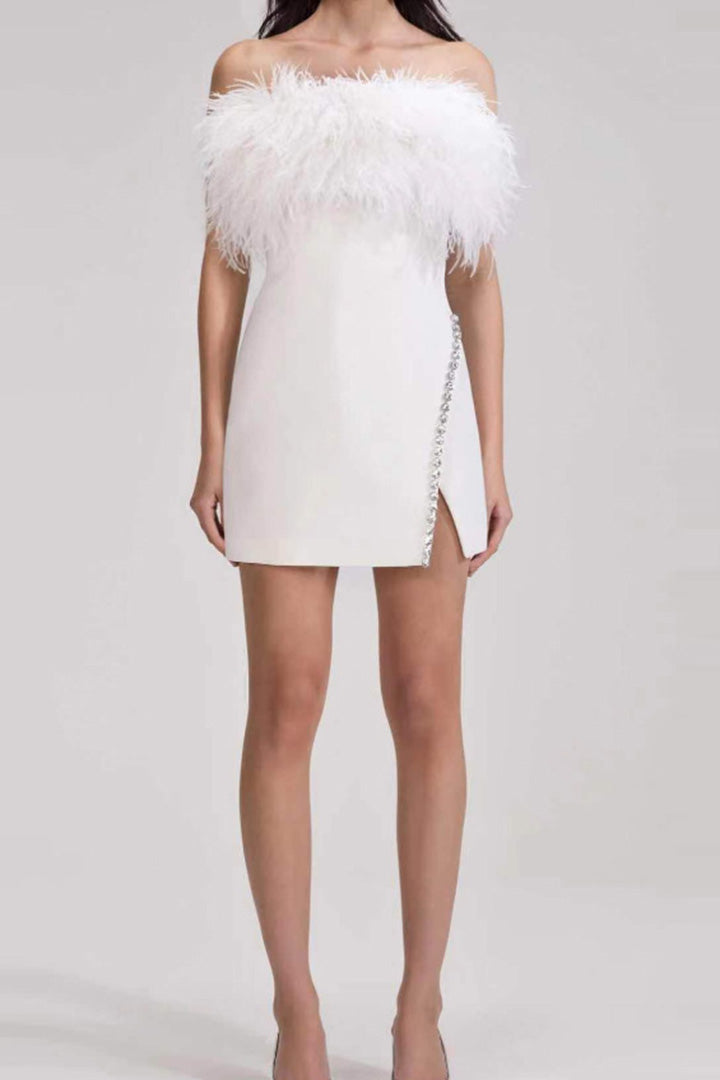 Diamond Chain Sheath Feather Embellished Mini Dress