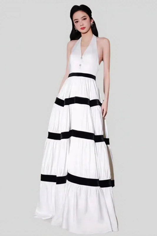 White Striped Bowknot Maxi Dress