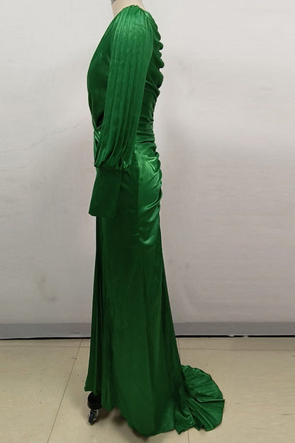 Green Elegant Long-sleeved Waist Pleated Maxi Dress