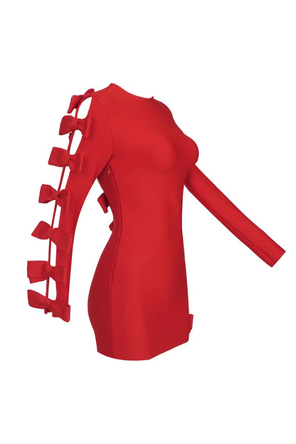 Red Cutout Bow Long Sleeve Bandage Mini Dress