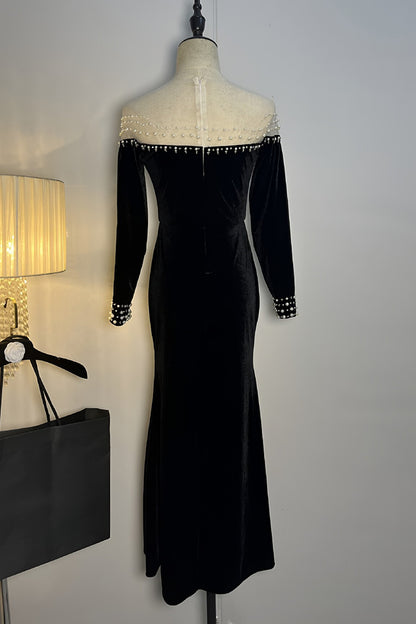 Black Strapless Beaded Embellished Maxi Dress