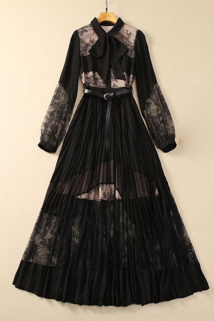 Black Lace Lapel Hollow Maxi Dress