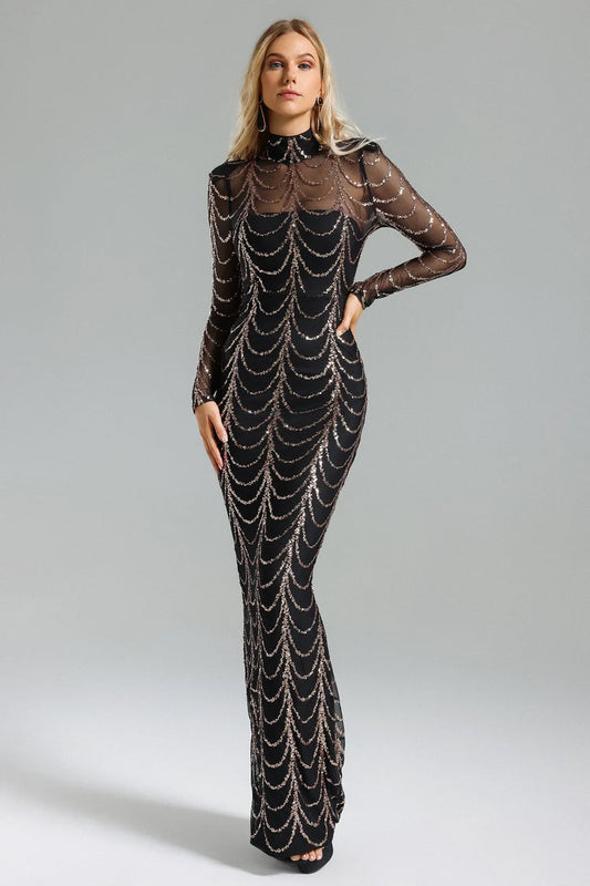 Black Sequins Mesh Maxi Dress