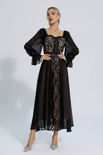 Black Floral Hollow Long Sleeve Dress