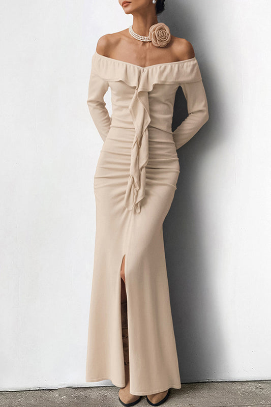 Khaki Velvet Sheath Fishtail Long Dress