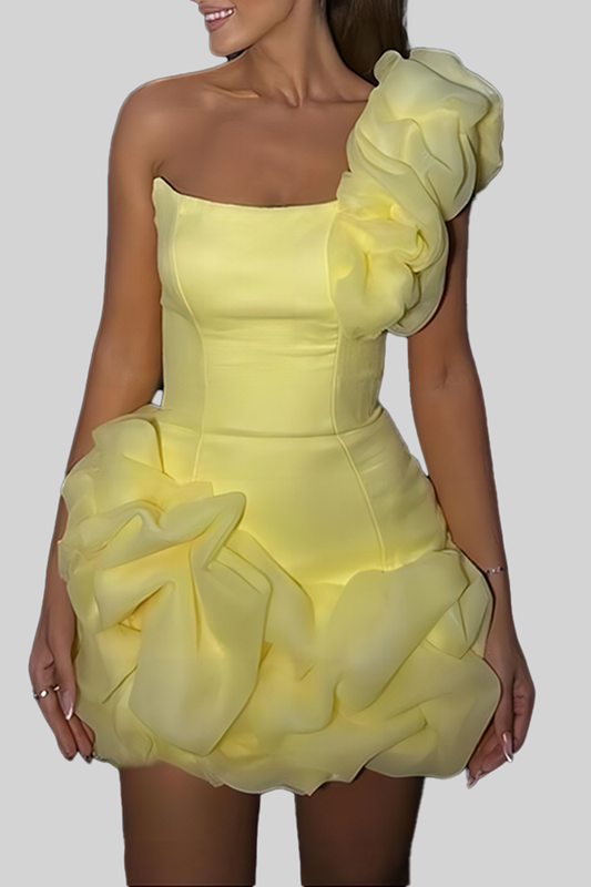 Light Yellow One Shoulder Ruffle Mini Dress