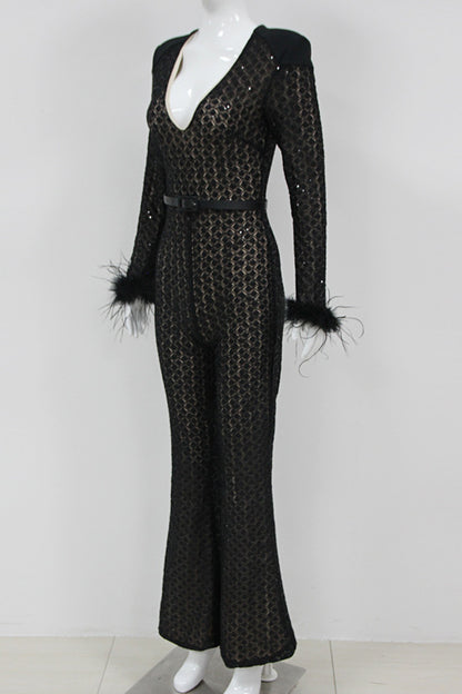 Black Lace Sequin Feather Bandage Jumpsuit