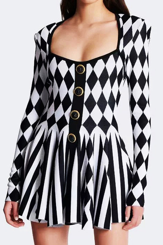 Black Elegant Square Neck Print Pleated Mini Dress