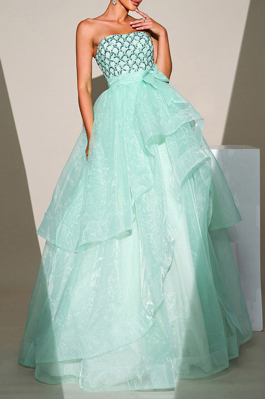 Light Green Sheath Puffy Long Dress