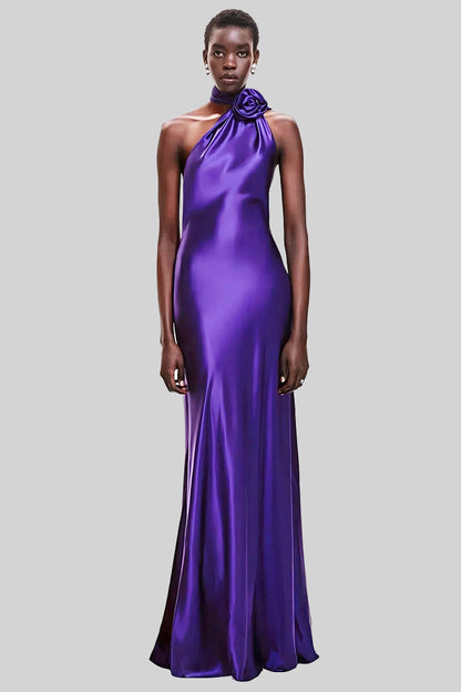 Purple Hanging Neck 3D Floral Satin Maxi Dress