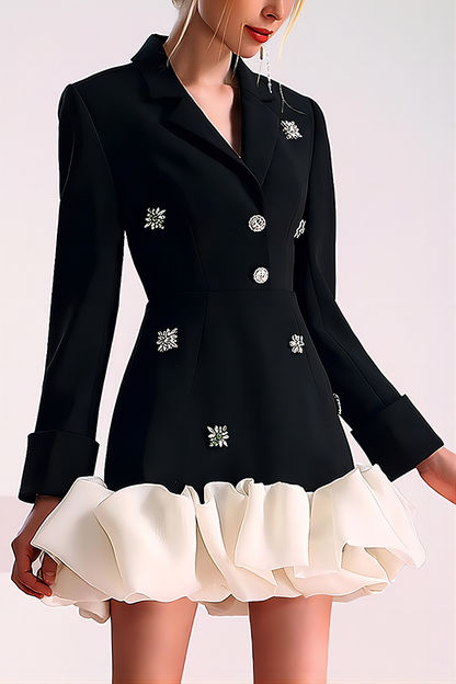 Black Studded Irregular Ruffle Mini Suit Dress