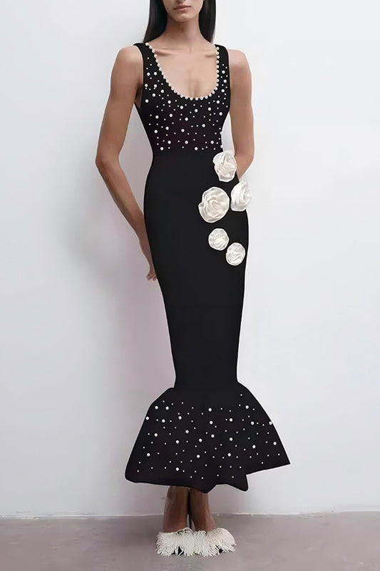 Black Elegant Beaded Halter Fishtail Long Dress