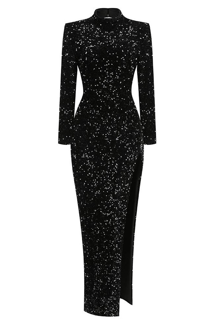 Black Sequin Split Long Dress