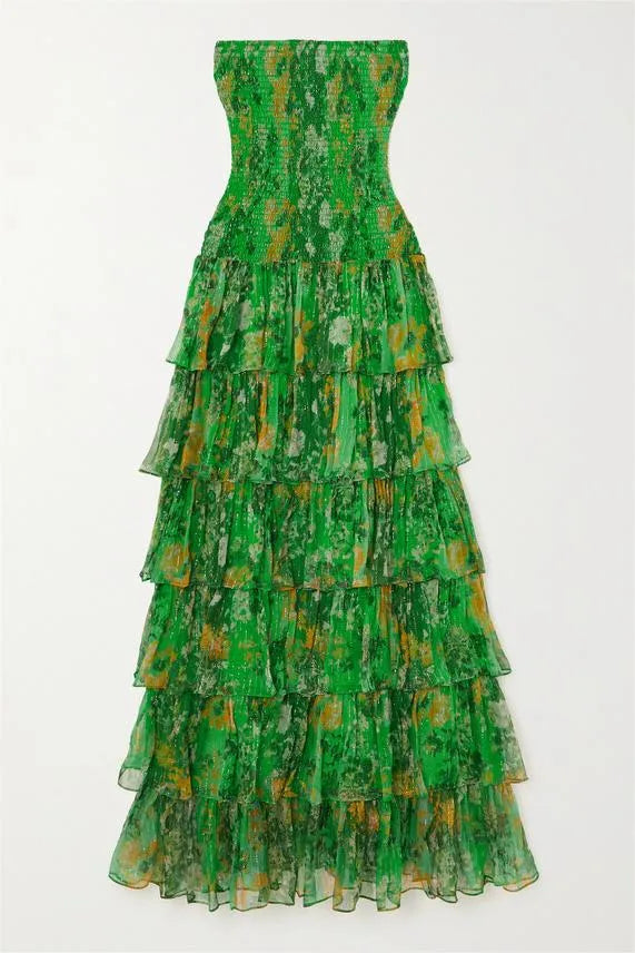 Green Smocking Strapless Tiered Maxi Dress