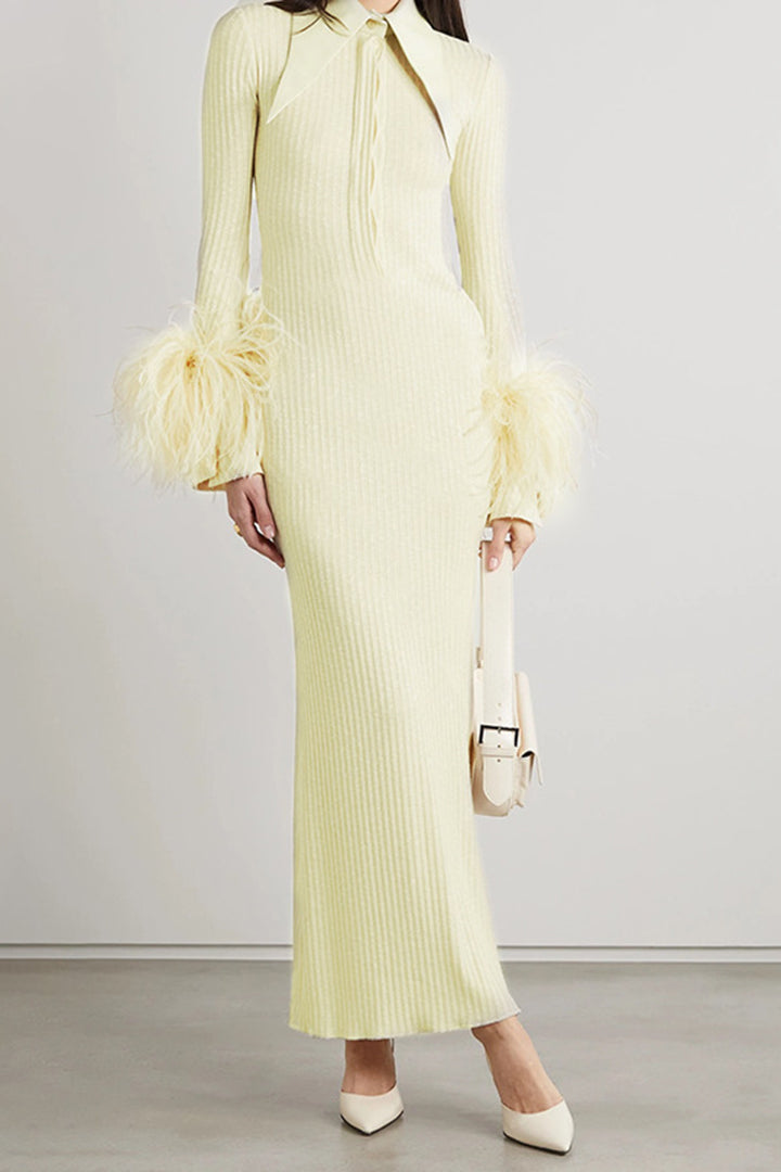 Light Yellow Feather Cuffed Stretch Long Dress