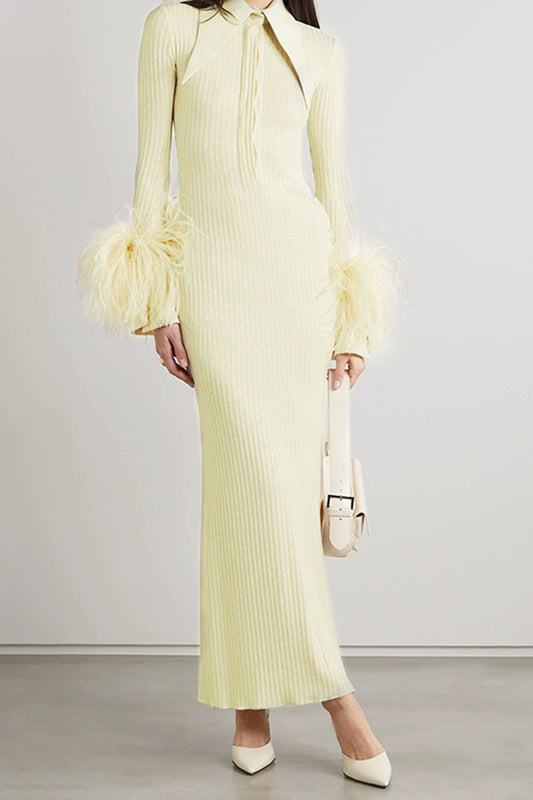 Light Yellow Feather Cuffed Stretch Long Dress