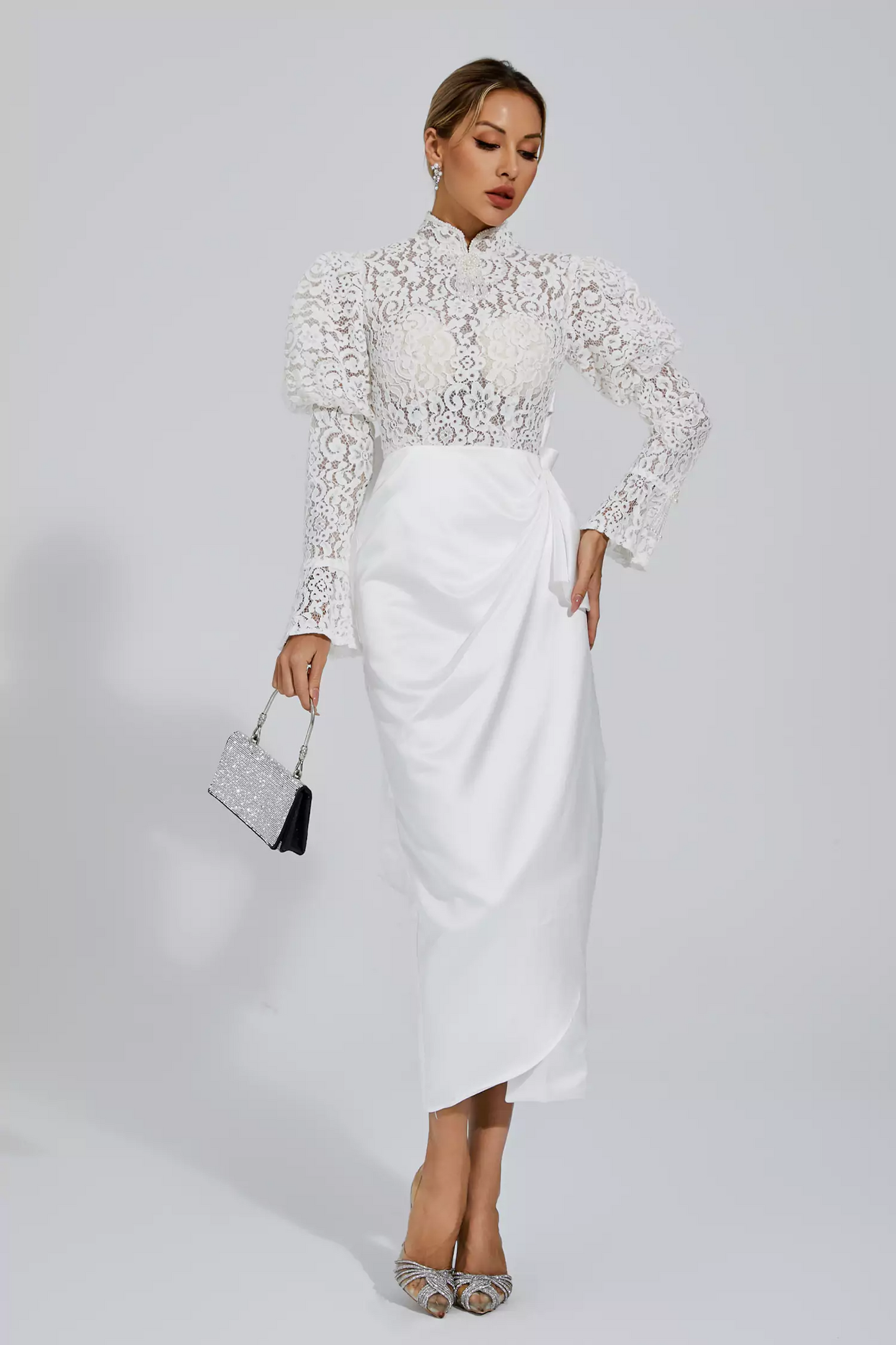 White Lace Bubble Sleeve Midi Dress