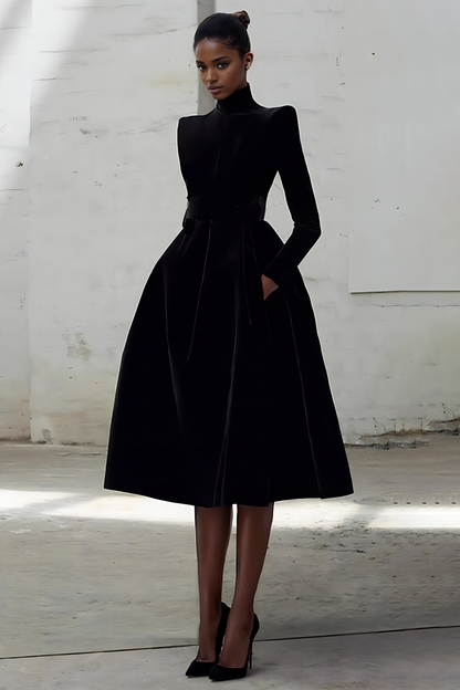 Black Vintage Velvet Midi Fall/Winter Dresses