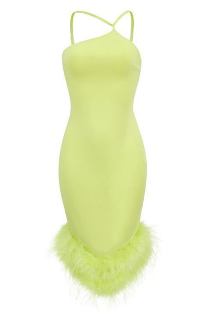 Solid Color Feather Patchwork Halter Dress