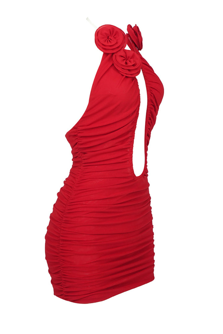 Red Hollow Floral Pleated Mesh Sheath Mini Dress