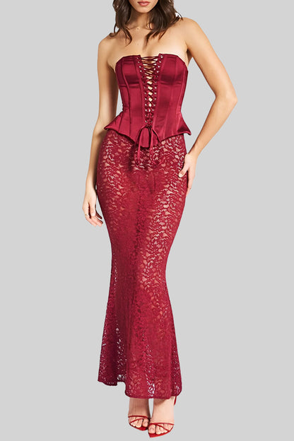 Red Sheath Lace-Up Hip Wrap Long Dress