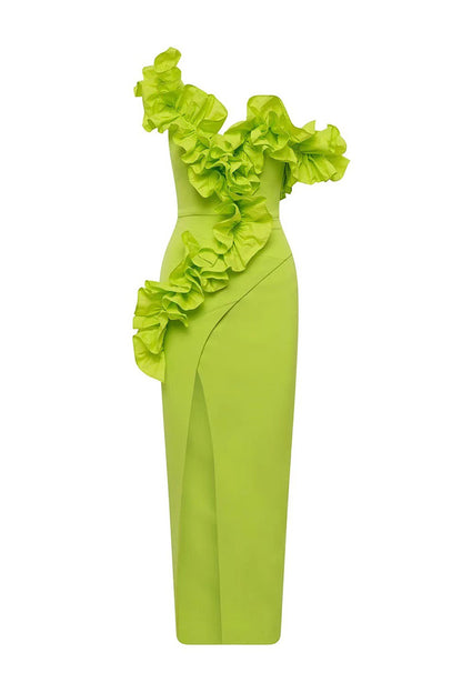 Green Ruffled Slant Neck Strapless Split Long Dress