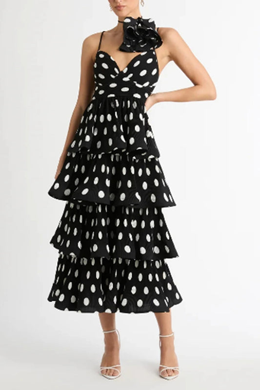 Black Halter Neck Floral Polka Dot Maxi Dress