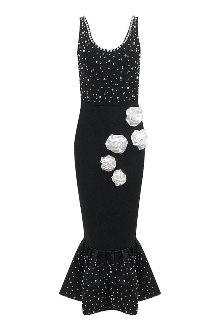 Black Elegant Beaded Halter Fishtail Long Dress