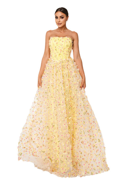 Yellow Strapless Floral Gown