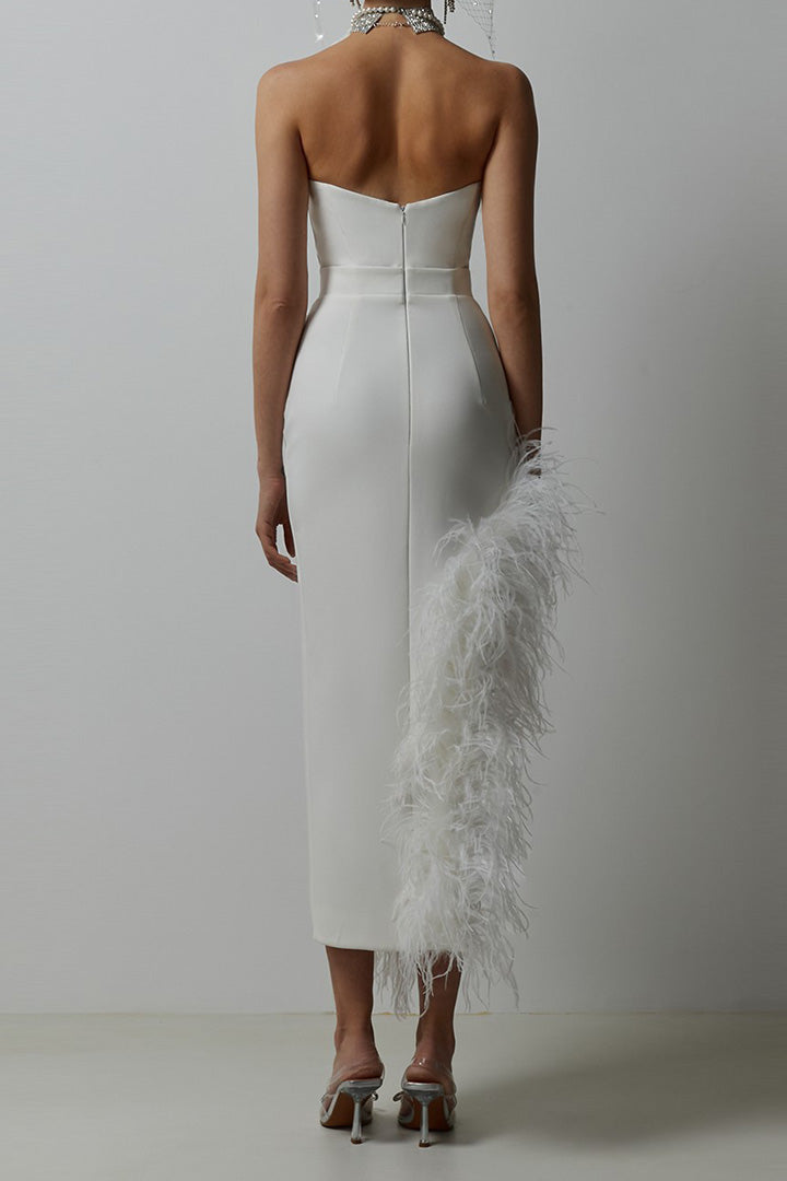 Sheath Irregular Feather Trim Midi Dress