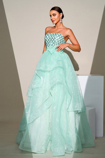 Light Green Sheath Puffy Long Dress