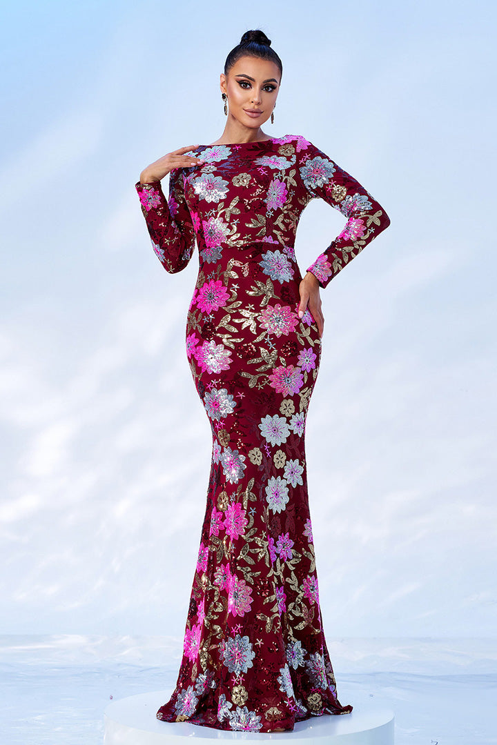 Vintage Flower Embellished Sequin Maxi Dress