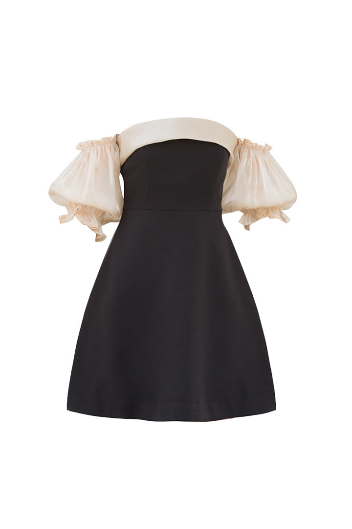 Black Strapless Bubble Sleeve Short Dress